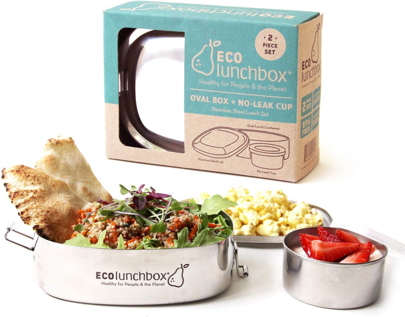 ECOlunchbox Oval & Snack Cup – 2-Piece Stainless Steel Lunch Set, 30 oz Total (24 oz Oval + 7 oz Leak-Proof Cup), Plastic-Free, Dishwasher & Oven Safe