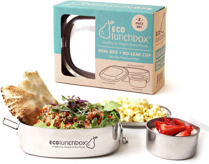 ECOlunchbox Oval & Snack Cup – 2-Piece Stainless Steel Lunch Set, 30 oz Total (24 oz Oval + 7 oz Leak-Proof Cup), Plastic-Free, Dishwasher & Oven Safe