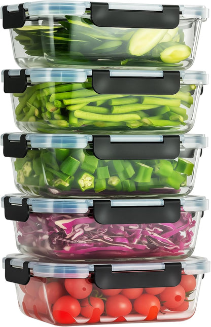10-Pack Meal Prep Containers with Snap Locking Lids, Glass Airtight Lunch, Food Storage Containers, Microwave, Oven, Freezer and Dishwasher Friendly, Gray