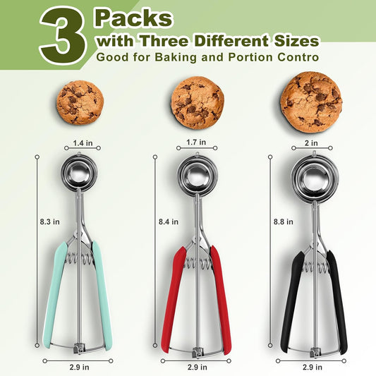 3 Pack Cookie Scoop, Stainless Steel Cookie Scoops for Baking