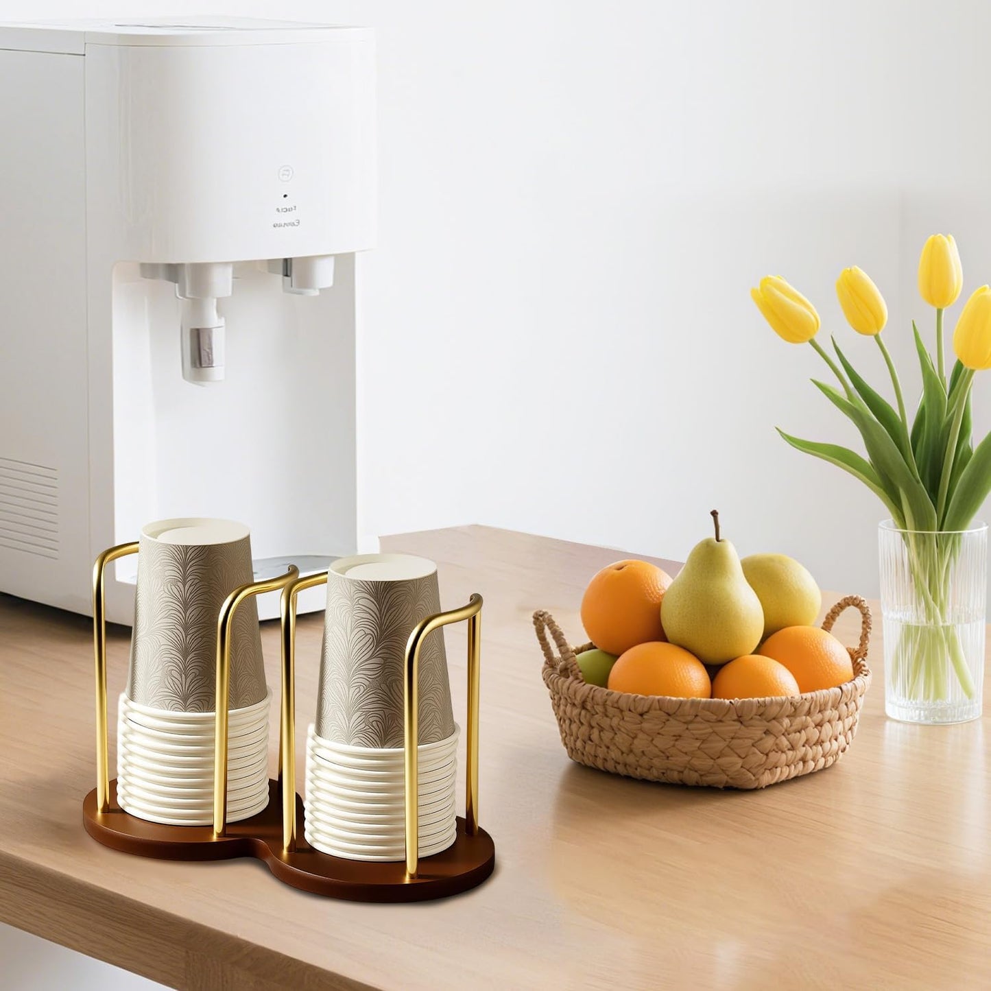 Wood Cup Holder for Cups (Under 3.35in Diameter), Stylish Walnut Disposable Cup Dispenser, Plastic Mouthwash Cup Storage Organizer -Perfect for Office, Kitchen, Gym, School or Cafes