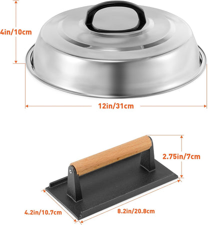 BBQ Accessories 12 Inch Round Stainless Steel Basting Cover - Cheese Melting Dome Round Cast Iron Grill Press Kit for Hamburger Bacon Steak, Best fits for Blackstone Camp Chef Flat Top Griddle Grill