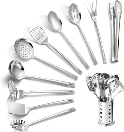 Lazycorner Kitchen Utensils Set, 11pcs Stainless Steel Cooking Utensils Set with Holder – Includes Turners, Potato Masher, Spatula, Spoons, Pasta Server, Tongs, Soup Ladle, Serving Spoon