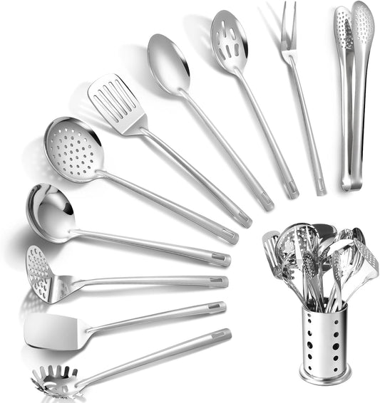 Lazycorner Kitchen Utensils Set, 11pcs Stainless Steel Cooking Utensils Set with Holder – Includes Turners, Potato Masher, Spatula, Spoons, Pasta Server, Tongs, Soup Ladle, Serving Spoon