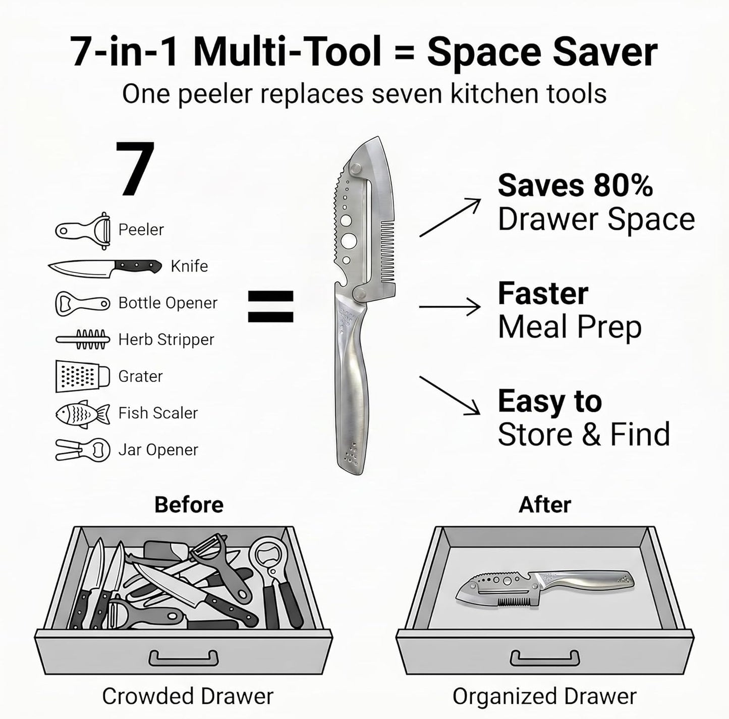 7-in-1 Stainless Steel Vegetable Peeler Shredder, Multi Function Julienne Peeler for Kitchen, Potato Peeler with Scallion Shredder, Herb Stripper, Fish Scaler, Bottle Opener