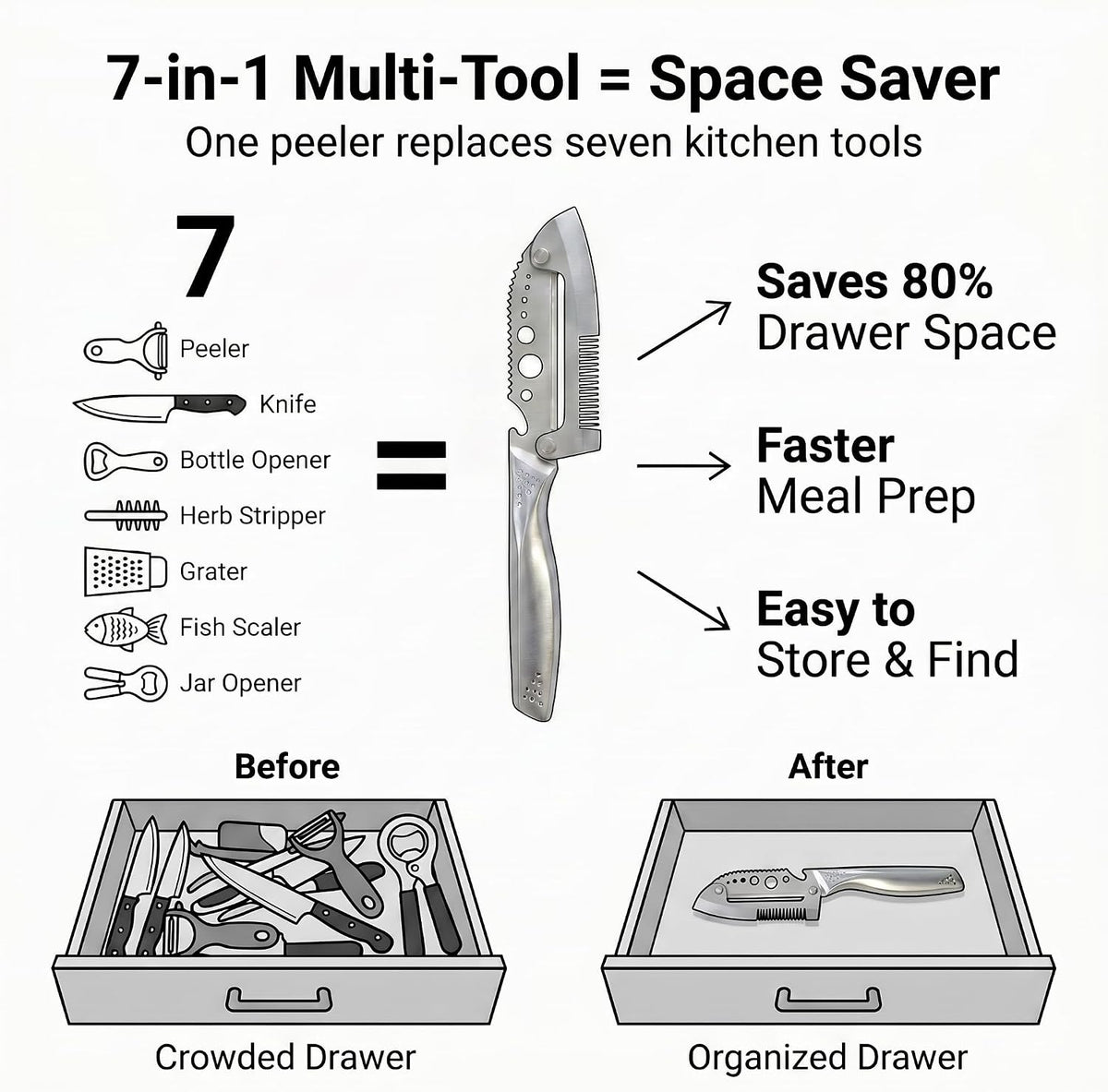 7-in-1 Stainless Steel Vegetable Peeler Shredder, Multi Function Julienne Peeler for Kitchen, Potato Peeler with Scallion Shredder, Herb Stripper, Fish Scaler, Bottle Opener