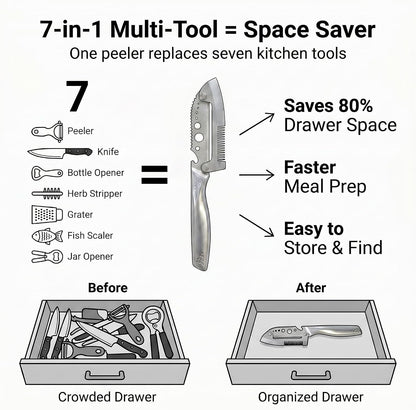 7-in-1 Stainless Steel Vegetable Peeler Shredder, Multi Function Julienne Peeler for Kitchen, Potato Peeler with Scallion Shredder, Herb Stripper, Fish Scaler, Bottle Opener