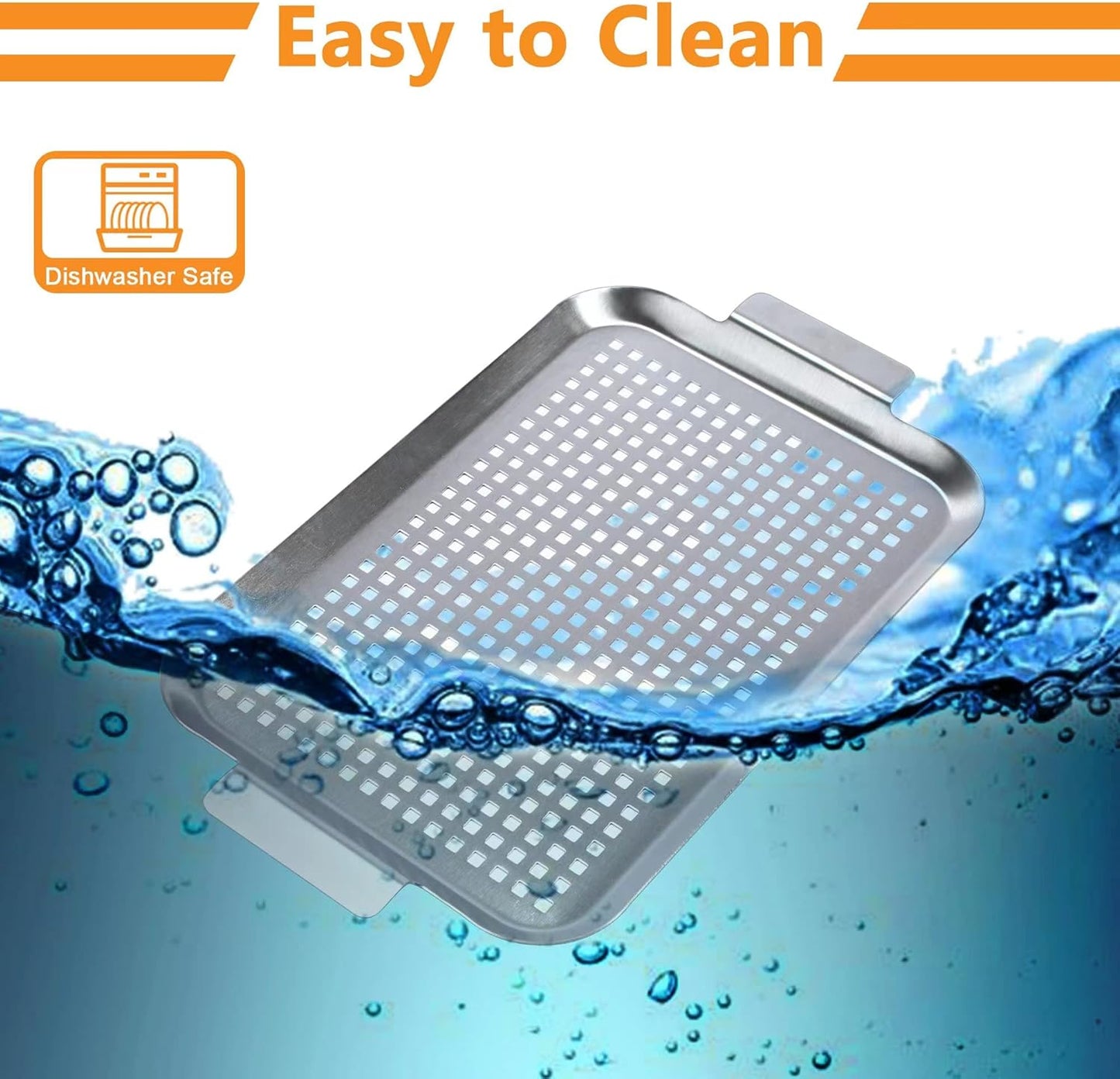 Grill Pan Set of 2, BBQ Grill Topper for Outdoor Grill, Stainless Steel Grilling Baskets with Holes and Handles, Perforated Food Tray Barbecue Accessories for Vegetable, Fish, Meat, Seafood