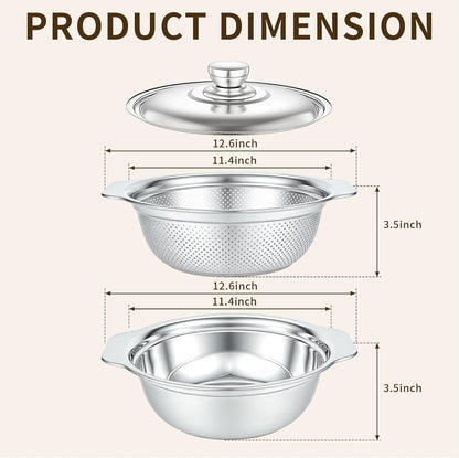 3-in-1 Stainless Steel Colander with Bowl Set – 11.4 Inch Large Fruit Washing Basket & Food Strainer, Multifunctional Drain Basket for Kitchen, Pasta, Vegetable, Rice