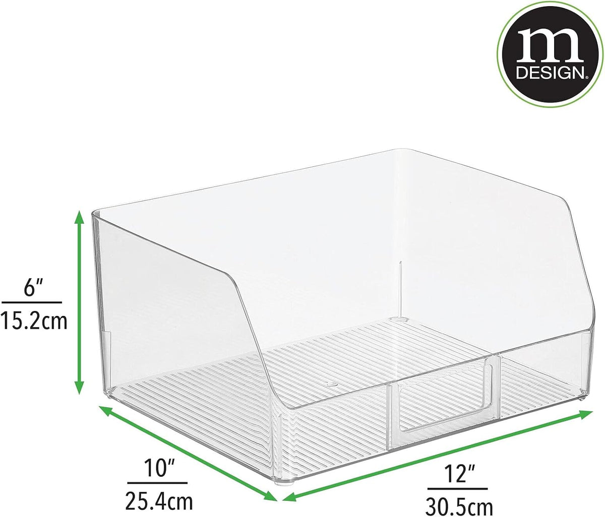 mDesign Wide Plastic Kitchen Food Storage Organizer Bin Basket with Open Front and Built-In Label Holder for Cabinets, Pantry - 12 Inch Width - 4 Pack - Clear