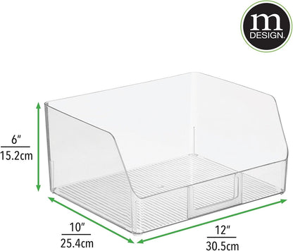 mDesign Wide Plastic Kitchen Food Storage Organizer Bin Basket with Open Front and Built-In Label Holder for Cabinets, Pantry - 12 Inch Width - 4 Pack - Clear