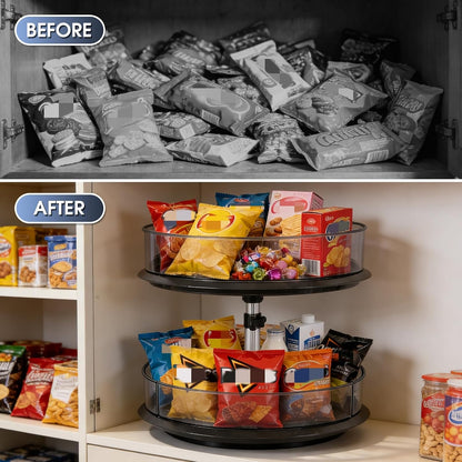 2 Tier Snack Carousel, Rotary Turntable Organizer for Snack Bar Organizer and Snack Display, Countertop & Under Sink Organizer for Snack Storage, Tray has Removable Dividers, Easy Assembly
