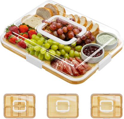SpaceAid Charcuterie Board with Clear Lid, Portable Travel Cheese Cutting Boards for Picnic Accessories, Bamboo Serving Tray with Lids, House Warming Gifts, Black Handles, 8 Compartments