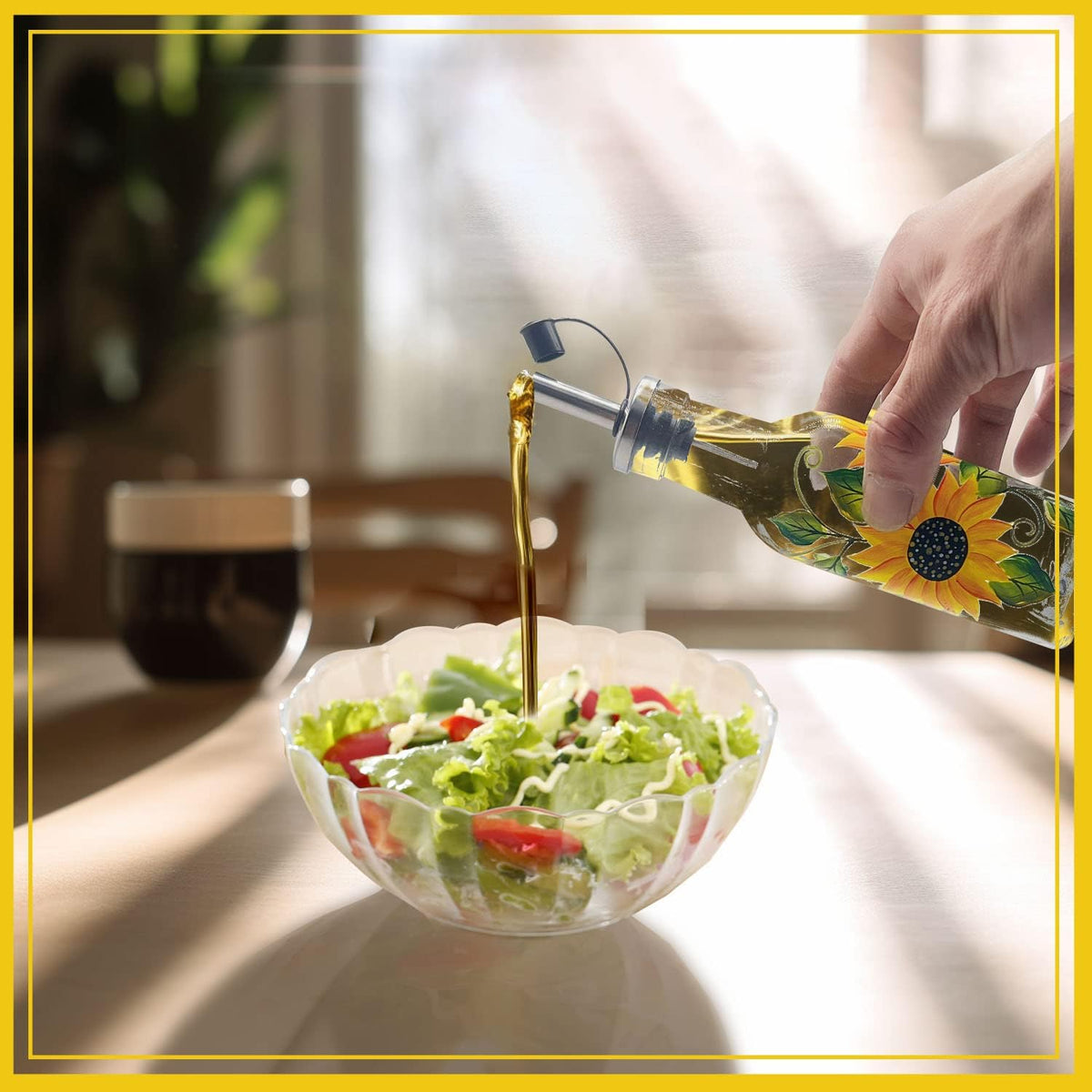 7oz Hand Painted Glass Olive Oil Bottle Dispenser - 200ml Green Oil & Vinegar Cruet with Pourers - Olive Oil Carafe Decanter for Kitchen