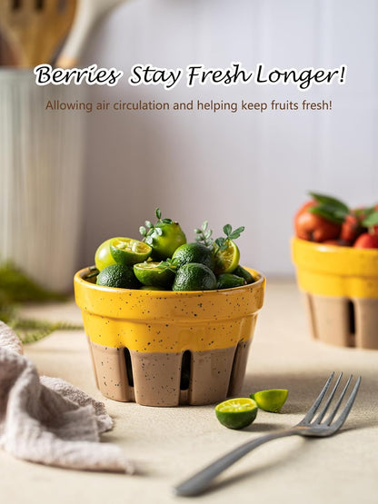 Gomakren Berry Bowls with Holes Ceramic, Berry Washing Bowl Basket Set of 2, 5.8 Inch Round Fruit Bowl Storage Containers, Strawberry Baskets, Farmhouse Kitchen Decor, Yellow + Brown