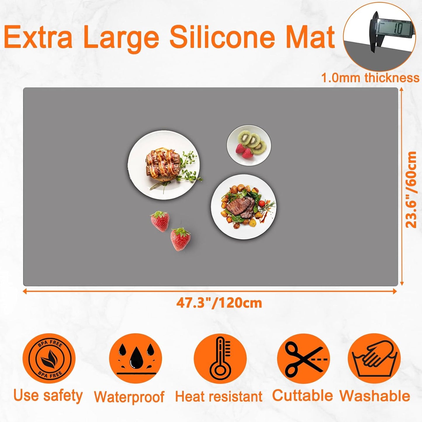 72''x16'' Extra Large Silicone Mat for Kitchen Counter, Heat Resistant Countertop Protector, Non-Slip Waterproof Kitchen Island Mat, Easy to Clean, Light Gray
