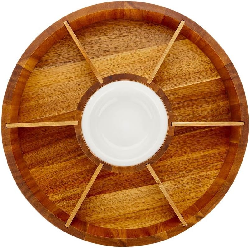 Restaurantware Chips and Dip Bowl Salsa Serving Platter Wooden Chip Dip Bowl - 12" - Acacia Wood & Porcelain Dip Bowl - Snacks Chips Hummus - 1ct Box