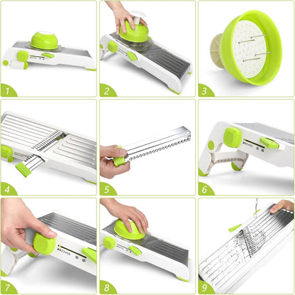 Mandoline Slicer for Kitchen, Adjustable Stainless Steel Mandoline Food Slicer, Onion Potato Cucumber Tomato Carrot Vegetable Fruit Slicer, Mandolin Veggie Cutter with Food Holder, Grey