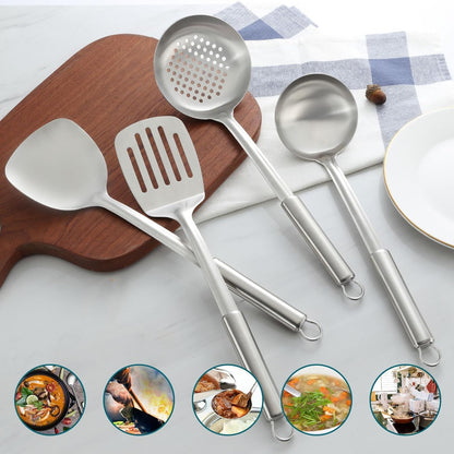Pleafind 𝟑𝟑% 𝐎𝐅𝐅 Cooking Utensils Set - 4 Pcs Stainless Steel Kitchen Utensils Set with Solid Turner, Slotted Turner, Serving Ladle, Slotted Spoon, Wok Utensils Set with Heat Resistant Handle