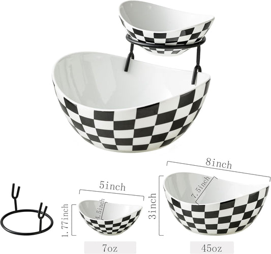 Miamolo Porcelain Serving Bowl Set for Appetizer Serving Dishes Set with 2 Compartment, Chip and Dip Taco Rack Display Salad Bar Serving Set, Gold Stand