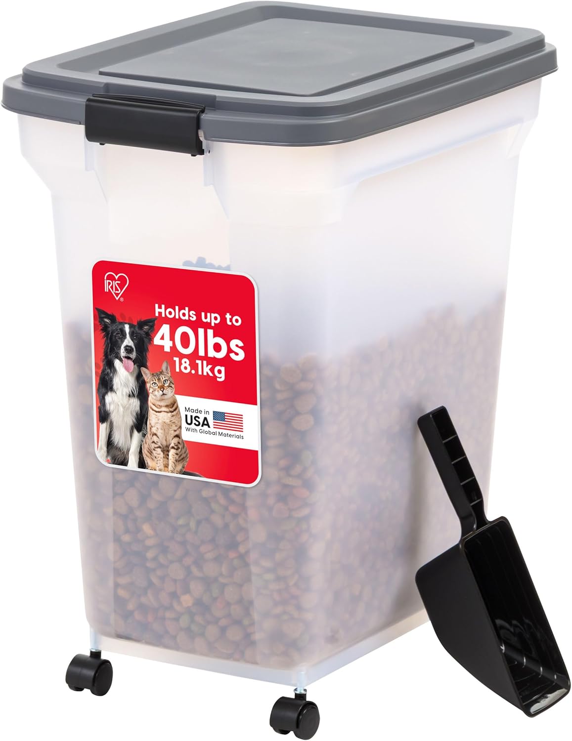 IRIS USA Dog Food Storage Container 58 Lb, Airtight Large Pet Food Storage Bin with Wheels, for Dog Cat Bird Chicken Food, Holds Up to 58 lbs, Keep Fresh, BPA Free, Made in USA, Black