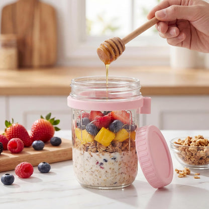 HomArtist 16oz Glass Overnight Oats Containers with Lids and Spoons, 4 Pack | Wide Mouth Glass Jars with Airtight Lids, Perfect for Chia Pudding, Yogurt, Salad & Cereal Meal Prep Storage, Food Safe