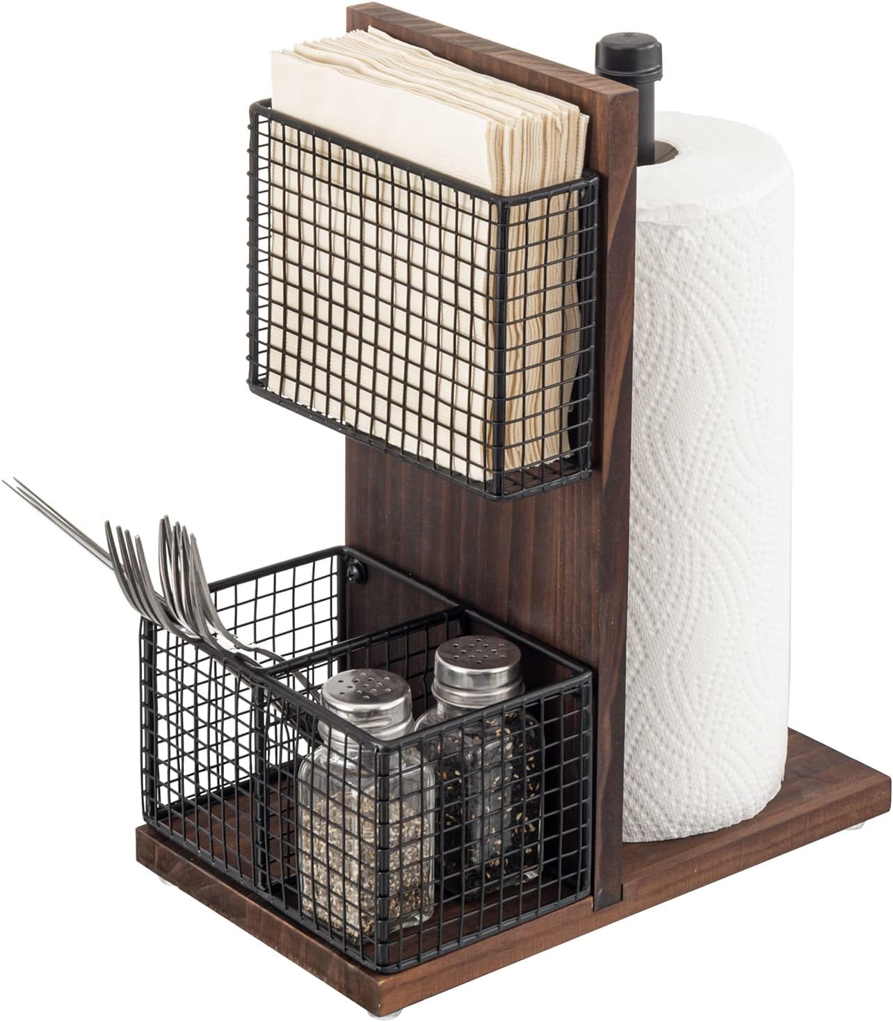 MyGift Rustic Burnt Solid Wood and Industrial Matte Black Metal Dining Combination Caddy with Paper Towel Roll Dispenser Stand, Napkin Holder, and Spice Rack