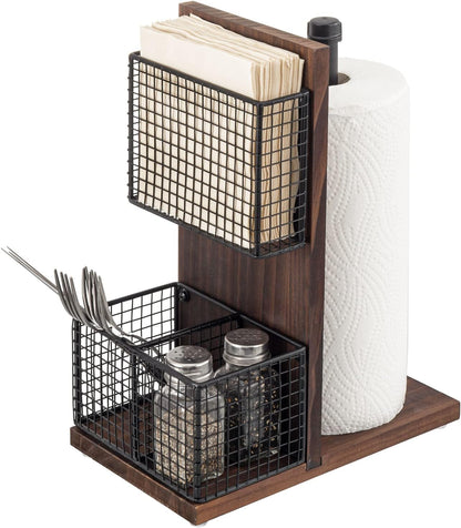 MyGift Rustic Burnt Solid Wood and Industrial Matte Black Metal Dining Combination Caddy with Paper Towel Roll Dispenser Stand, Napkin Holder, and Spice Rack