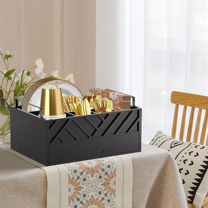 Ameuphercy Wood Paper Plate Holders for Kitchen Counter,Paper Plate Dispenser for Countertop, Rustic Silverware Utensil Caddy for Party,Wooden Plate Organizer Box for Cups Spoons and Forks