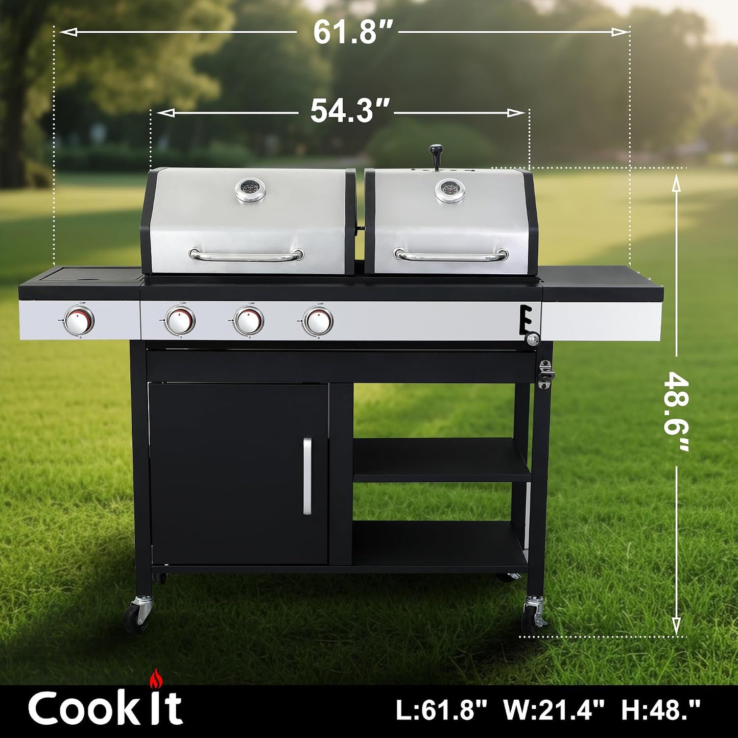 Propane & Charcoal Grill Combo with Cast Iron Grate & Plate, Dual Fuel BBQ Grill for Outdoor Events & Backyard Barbecue with Easy-Clean System, Stainless Steel Lids, Side Burner