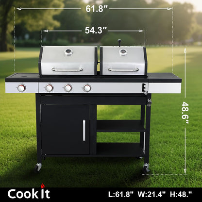 Propane & Charcoal Grill Combo with Cast Iron Grate & Plate, Dual Fuel BBQ Grill for Outdoor Events & Backyard Barbecue with Easy-Clean System, Stainless Steel Lids, Side Burner