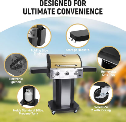 Redlife 3 Burner Propane Gas Grill, 30,000 BTU Outdoor BBQ Grill with Cast Iron Cooking Grates, Stainless Steel Warming Rack, Built-in Thermometer, Side Shelves, Removable Grease Tray, Yellow