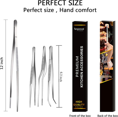 Professional Fine Cooking Tweezer Tongs,High-Precision Stainless Steel Kitchen Tweezers Tongs - 1pcs 12" and 3pcs 6.3"