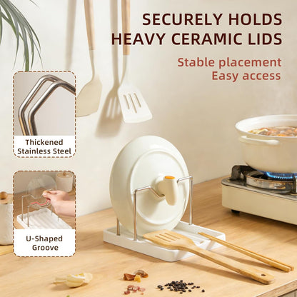 Pot Lid Holder and Spoon Rest, 2-in-1 Kitchen Counter Organizer with Stainless Steel Lid Holder While Cooking and Plastic Utensil Rest, Space Saving Pot Cover Rack for Stovetop and Countertop (Black)