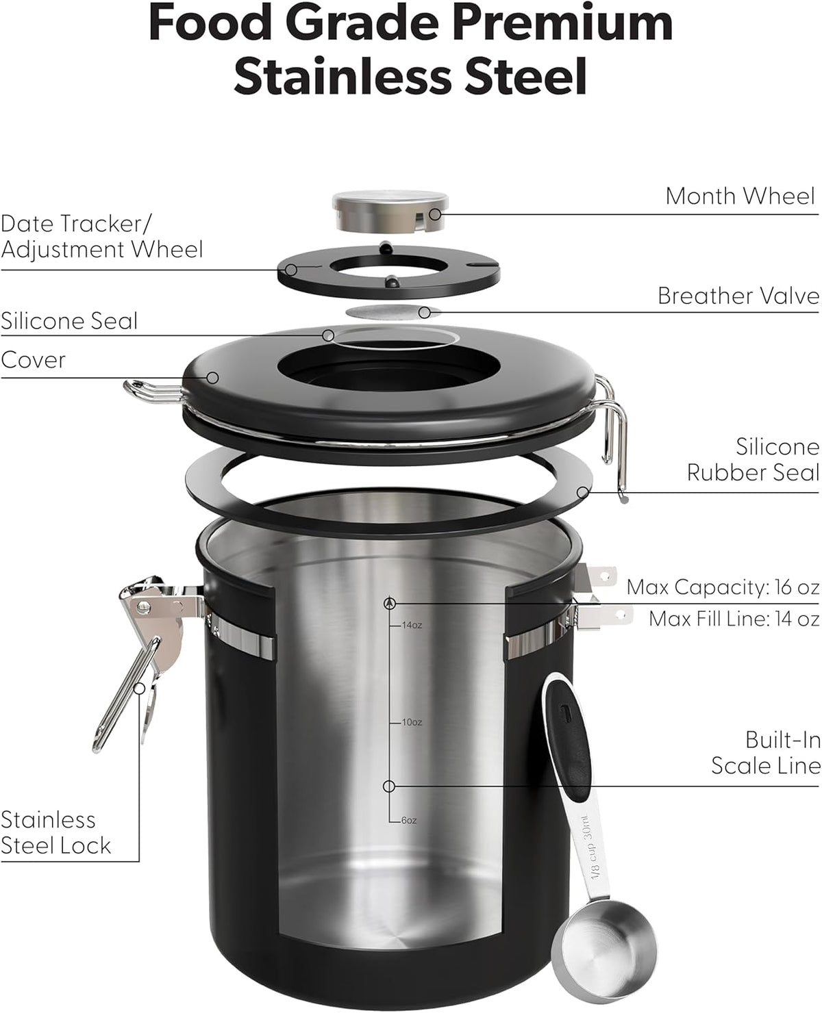 Veken Coffee Canister with Window, Family Choice Awards Winner, Airtight Stainless Steel Home Kitchen Food Storage Container with Lids for Grounds, Beans, Tea, Flour,Cereal,Sugar Jars,Scoop,16OZ,Black