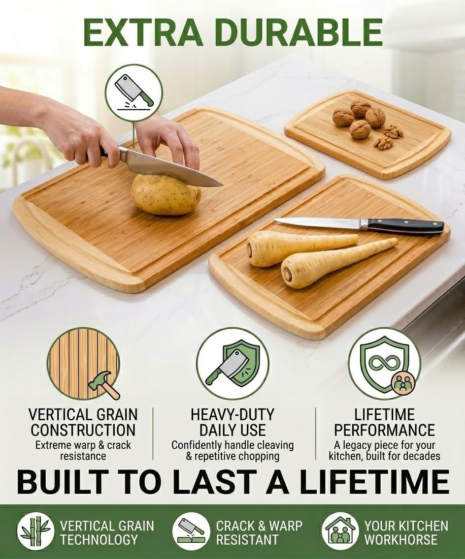 Greener Chef Luxury Wood Cutting Board 3-Piece Set with Vertical Grain Strength Technology - Extra Large Bamboo Cutting Boards for Kitchen with Deep Juice Grooves for Chopping - Lifetime Replacements