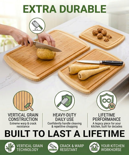 Greener Chef Luxury Wood Cutting Board 3-Piece Set with Vertical Grain Strength Technology - Extra Large Bamboo Cutting Boards for Kitchen with Deep Juice Grooves for Chopping - Lifetime Replacements