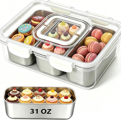 Snackle Box Container, Stainless Steel Divided Serving Tray with Lid and Handle, Large Snack Tray for Fruit Veggie Candy, 8-Compartment Snack Platter for Travel Party Beach Picnic