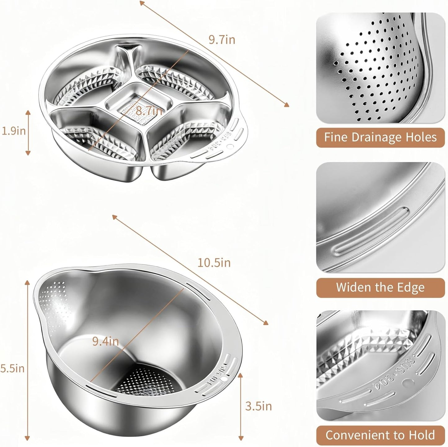 Rice Washer Strainer Bowl with Grater, Multipurse Stainless Steel Rice Colander with Side Drainer for Cleaning Quinoa, Fruits, Vegetables, Bean Versatile Kitchen Tool