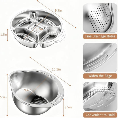 Rice Washer Strainer Bowl with Grater, Multipurse Stainless Steel Rice Colander with Side Drainer for Cleaning Quinoa, Fruits, Vegetables, Bean Versatile Kitchen Tool