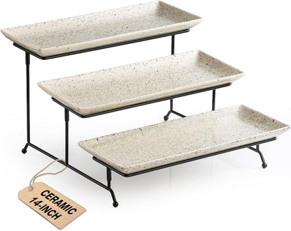 LAUCHUH 3 Tier Serving Tray, Porcelain Serving Platter Tier Serving Stand with Collapsible Sturdier Rack, Serving Trays and Platters Dessert Party Display Set for Father's Day, Gold, 12 Inch