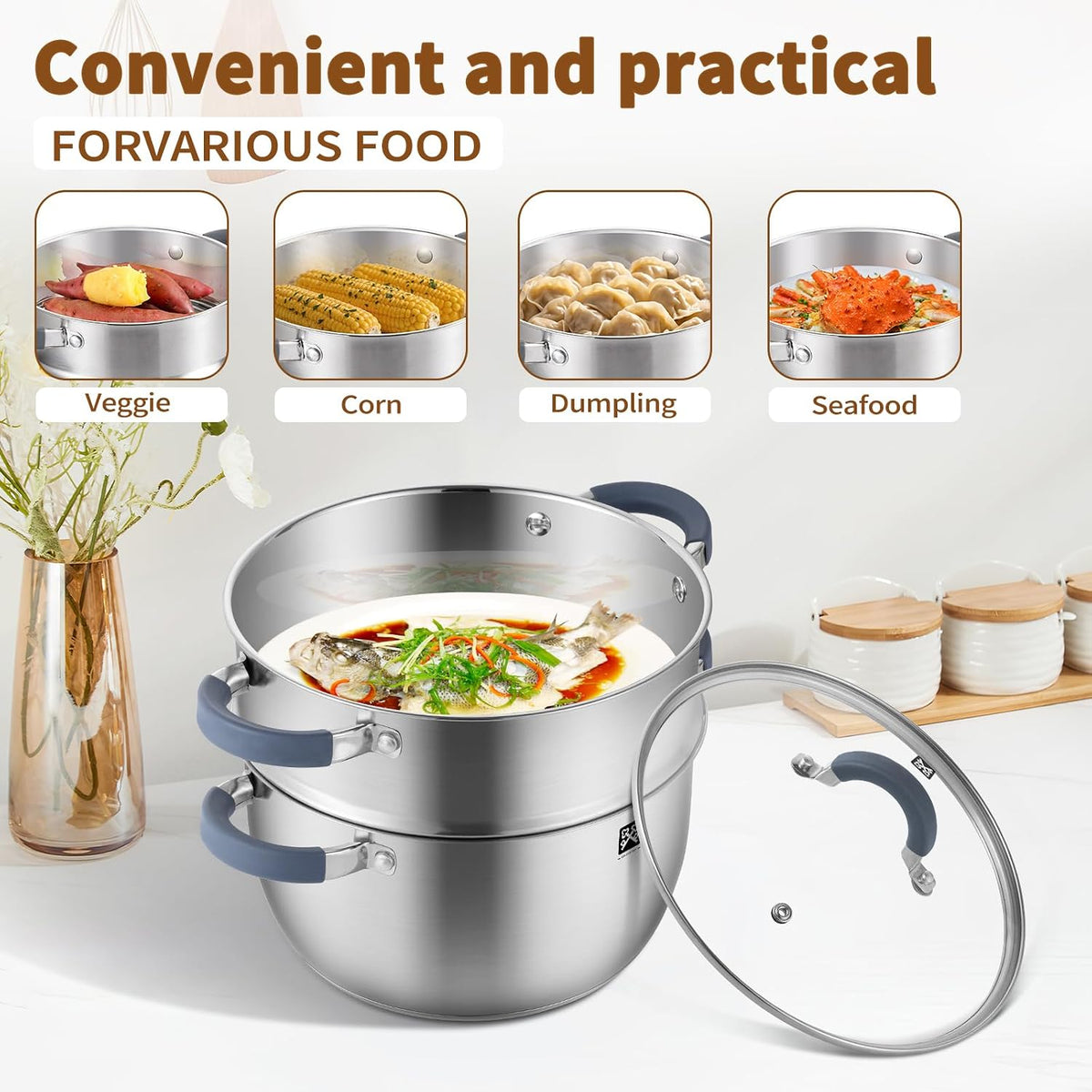 GOLDEN KEY 3.2 QT Steamer Pot With Lid - 2-Tier 18/8 Stainless Steel，Multipurpose Steaming Cookware with Vegetable Steam Basket, Oven & Dishwasher Safe, Triple Bottom for Even Heating, Perfect for Dumplings, Seafood and Vegetables