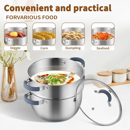 GOLDEN KEY 3.2 QT Steamer Pot With Lid - 2-Tier 18/8 Stainless Steel，Multipurpose Steaming Cookware with Vegetable Steam Basket, Oven & Dishwasher Safe, Triple Bottom for Even Heating, Perfect for Dumplings, Seafood and Vegetables