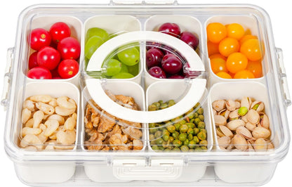 Divided Serving Tray with Lid and Handle, Snackle Box Charcuterie Container Portable for Snack Platters Reusable Clear Organizer 8 Compartments for Candy, Fruits, Nuts Perfect for Party Entertaining