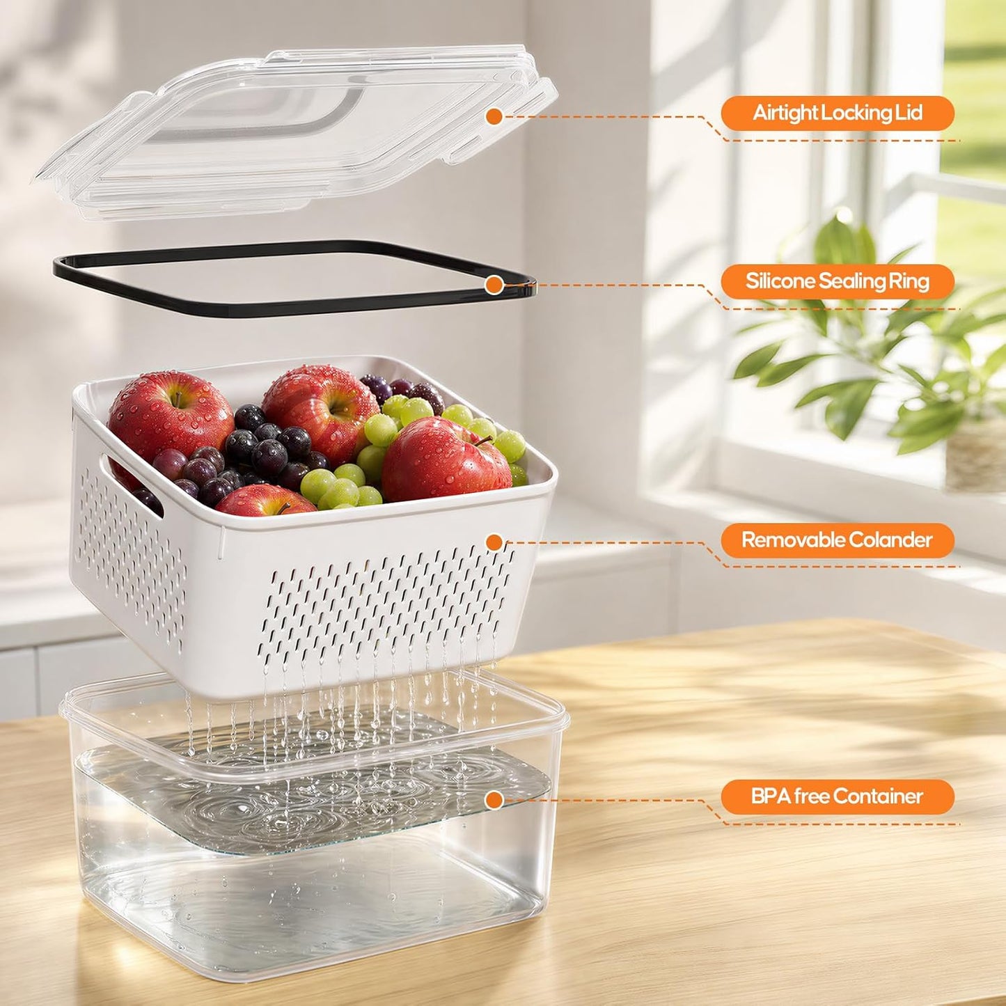 Fruit Storage Containers for Fridge - 6 Pack Produce Storage Containers with Removable Colander, Leakproof Refrigerator Fruit Organizers Keep Berry Veggie Salad Meat Fresh Longer, Largest 6.55 Quart