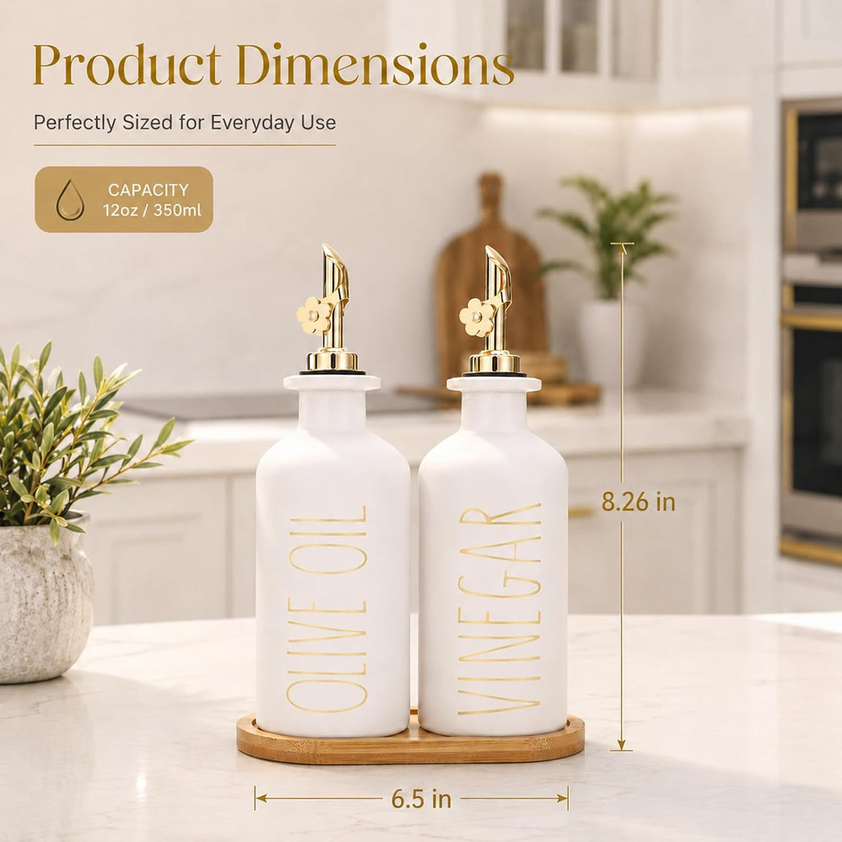 HOMCDALY Premium Olive Oil Dispenser for Kitchen, 11.8oz Glass Oil Bottles with Bamboo Tray, White Oil&Vinegar Cruet Set, Kitchen Dispenser Bottles with Pourer| Set of 2 (11.8oz –P–White)