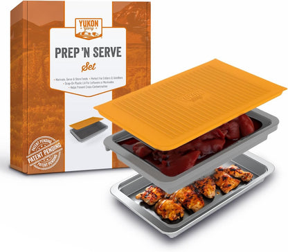 PREP ‘N Serve Premium Set™ - Plastic Container with Lid for Marinades, Stainless Steel Serving Tray, Aluminum Defrosting Tray, and a Plastic Cutting Board - the Ultimate BBQ Food Prep Utensil Set