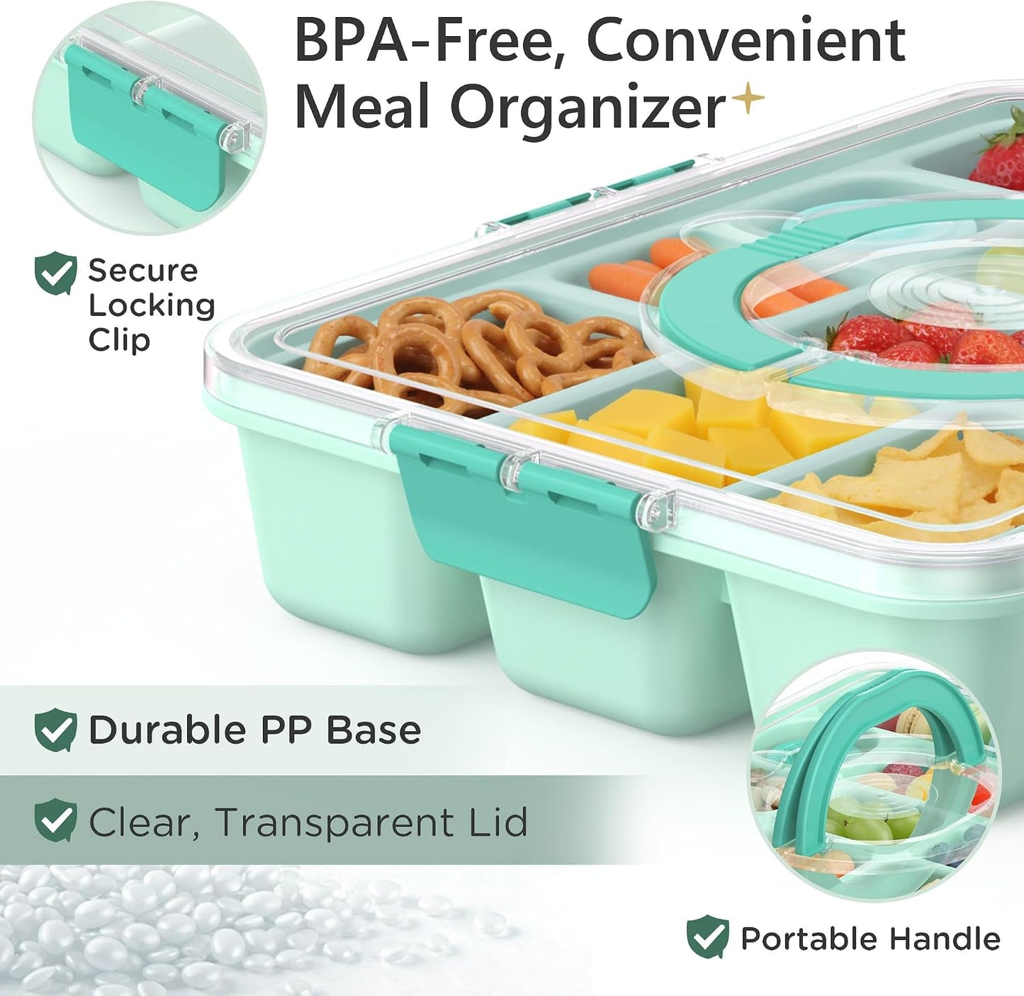 Snackle Box Container for Adults with 10 Compartment, Divided Serving Tray with Lid and Handle and 2 Sauce Containers, Portable Snack Box Container for Charcuterie Party Travel, Purple