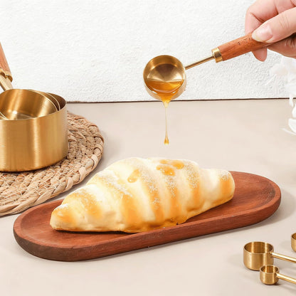 SHENLIU 8 Pcs Measuring Cups and Spoons Set, Black Stainless Steel Measuring Cups with Wooden Handle, Metal Measurings Spoons Set Nesting Kitchen Measure for Kitchen Baking