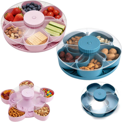 Divided Serving Tray that Spins, Rotating Snack Tray with Lid, 5-Compartment Spinning Candy & Nut Organizer, Divided Serving Platter for Parties, Reusable Snack Container for Fruits (Pink, 1 Pcs)
